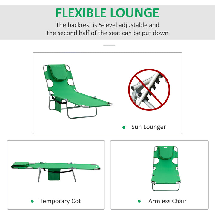 Beach Chaise Lounge with Face Cavity &amp; Arm Slots, Portable Sun Lounger, Reclining Lounge Chair for Patio Garden Beach Pool, Green