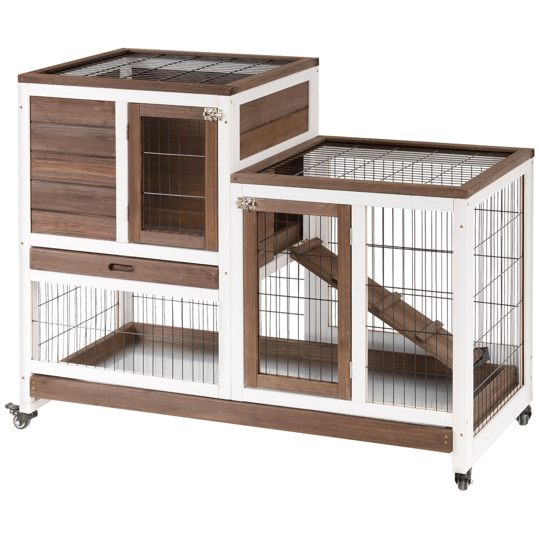 PawHut Wooden Indoor Rabbit Hutch Guinea Pig House Bunny Small Animal Cage W/ Wheels Enclosed Run 110 x 50 x 86 cm, Brown