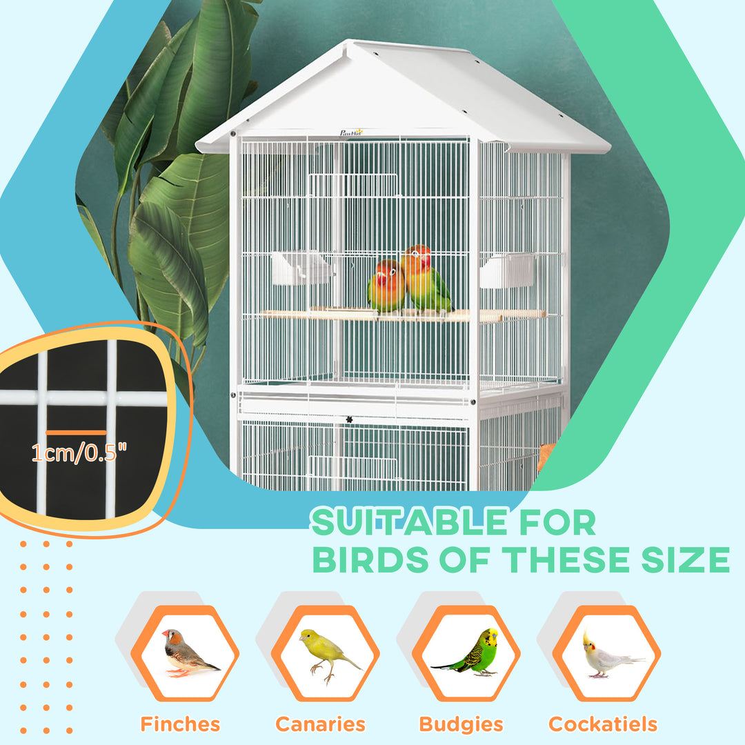 PawHut 170cm Metal Bird Cage Parrot Cage Mobile Feeder with Rolling Stand Perches Food Containers Doors Wheels White