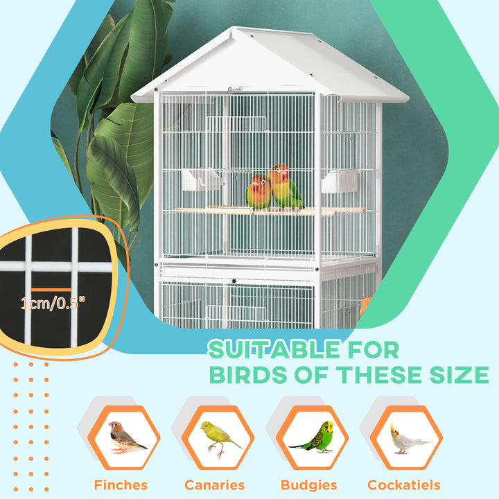PawHut 170cm Metal Bird Cage Parrot Cage Mobile Feeder with Rolling Stand Perches Food Containers Doors Wheels White