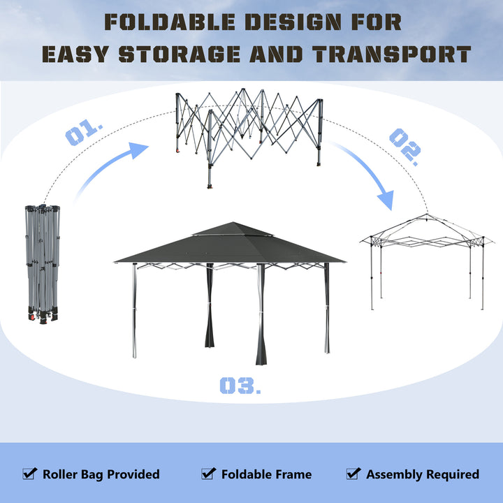 Outsunny 4 x 4m Pop-up Gazebo Double Roof Canopy Tent with Roller Bag & Adjustable Legs Outdoor Party, Steel Frame, Dark Grey