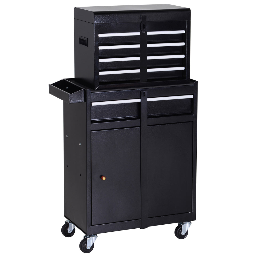 DURHAND Tool Chest 2 in 1 Metal Tool Cabinet Storage Box with 5 Drawers Pegboard Wheels 60x28x104.5cm Black