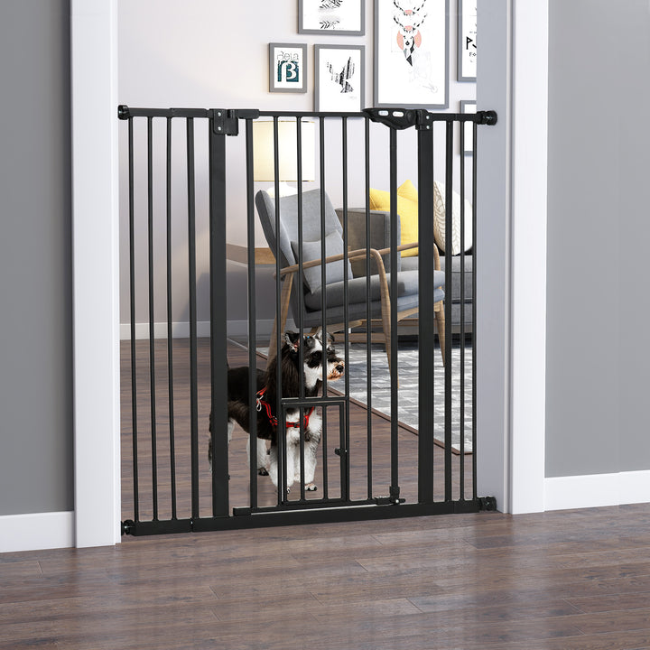 Extra Tall Pet Gate, Indoor Dog Safety Gate, with Cat Flap, Auto Close, 74-101cm Wide - Black