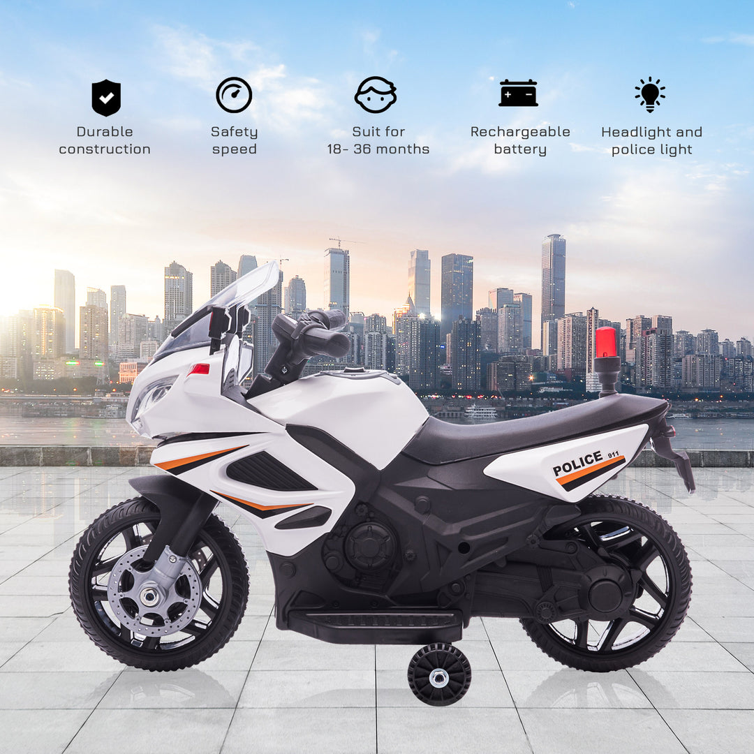Kids 6V Electric Ride On Motorcycle Police Car Toy for 18 - 36 months White