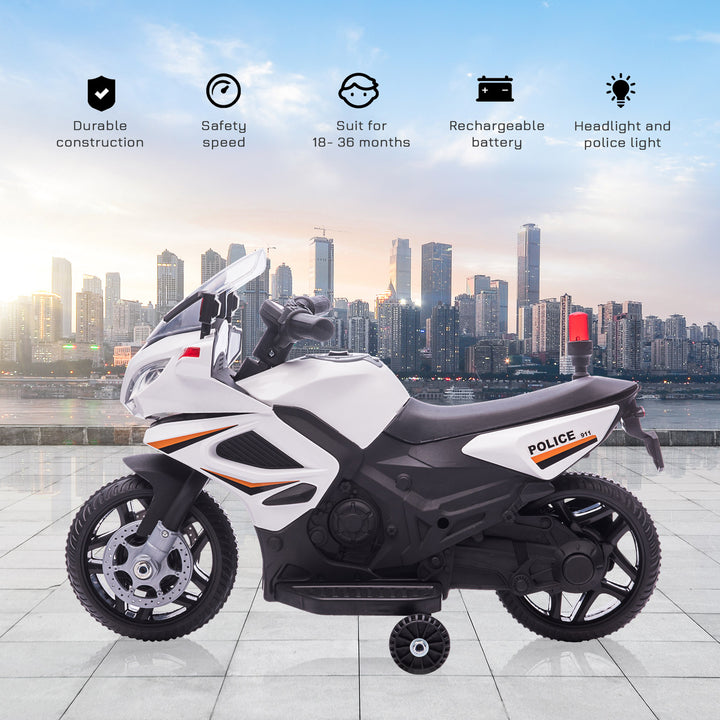 Kids 6V Electric Ride On Motorcycle Police Car Toy for 18 - 36 months White