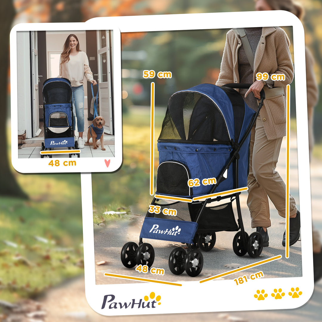 PawHut Pet Stroller, Dog Cat Travel Carriage, Foldable Carrying Bag with Large Carriage, Universal Wheels, Brake Canopy, Basket Storage Bag Dark Blue