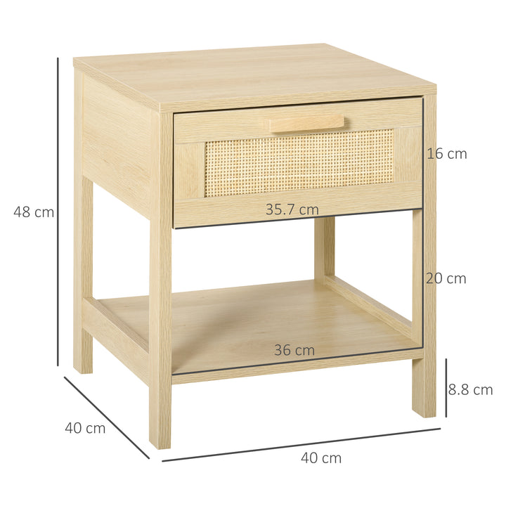 Nightstand with Rattan Drawer and Storage Shelf, Bedside End Table for Bedroom, Living Room Organizer