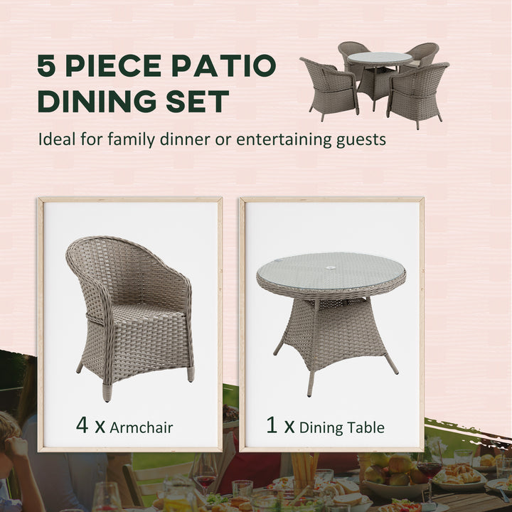 5 Pieces Outdoor Patio PE Rattan Dining Set, Four Seater Garden Furniture - 4 Chairs & Round Table w/ Umbrella Hole, Mixed Grey