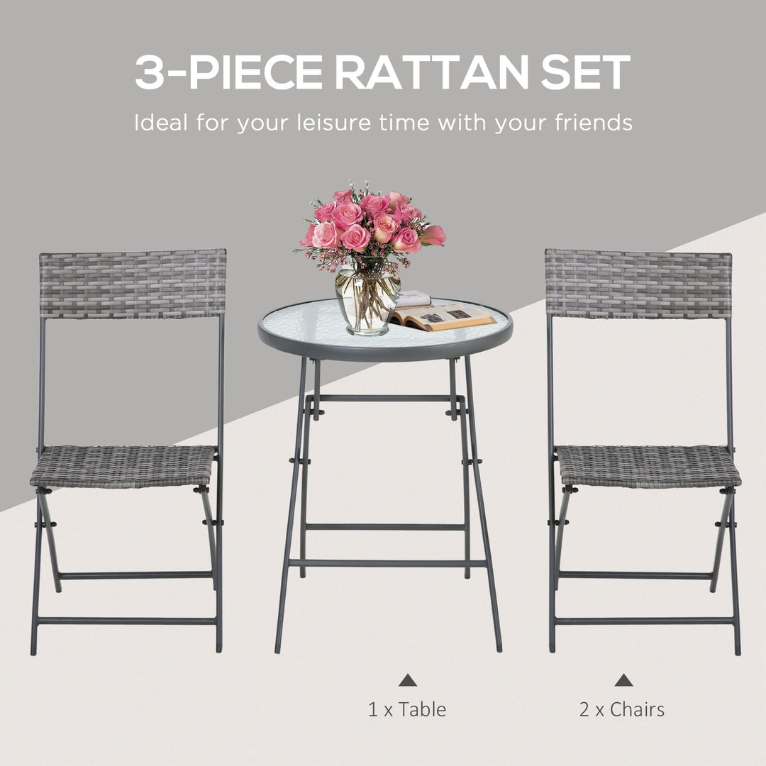 Outsunny 2 Seater Rattan Bistro Set Outdoor Foldable Wicker Conversation Balcony Furniture Set for Outdoor Yard Porch Poolside Lawn Balcony Grey