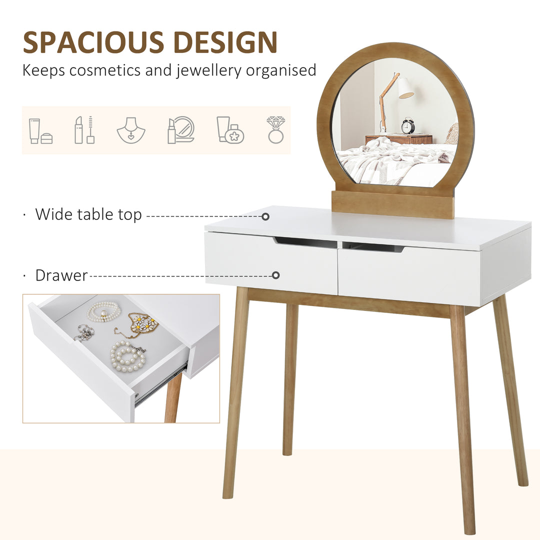 Dressing Table &amp; Stool Set w/ Drawers Mirror Modern Elegant Vanity Makeup Padded Seat Home Bedroom Beauty Furniture Natural Brown