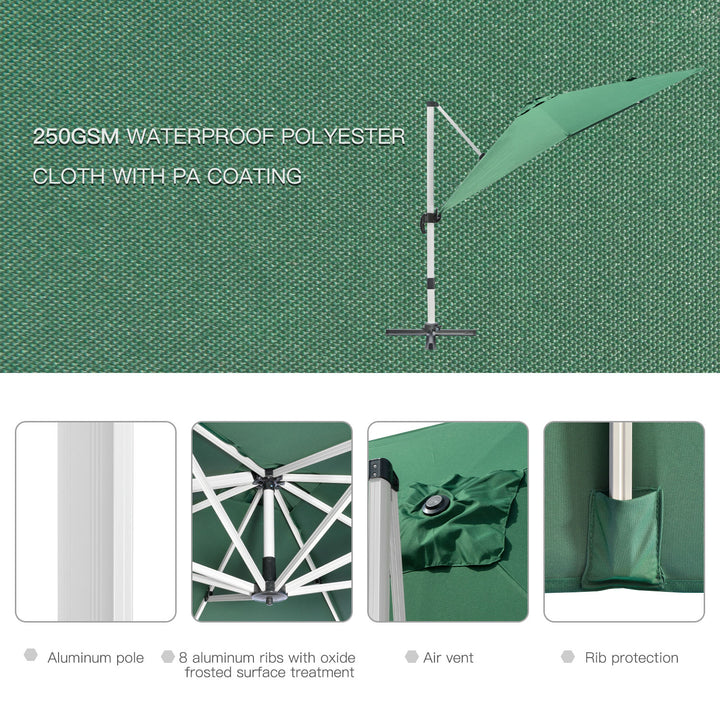 3 x 3(m) Cantilever Parasol, Square Garden Umbrella with Cross Base, Crank Handle, Tilt, 360° Rotation and Aluminium Frame, Green