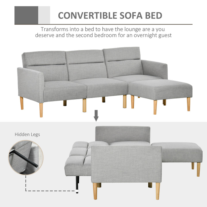 L Shape Sofa Bed Set, Linen Fabric Corner Sofa Bed with Rubber Wood Legs and Footstool, Light Grey