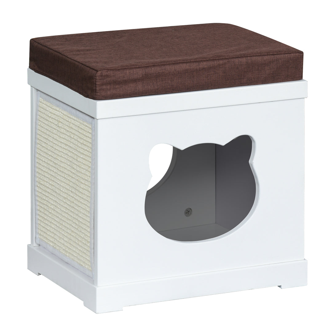 Wooden Cat House Bed Cat Scratching Cube for Small Cat Pet Furniture with Removable Scratching Pad and Soft Cushion White