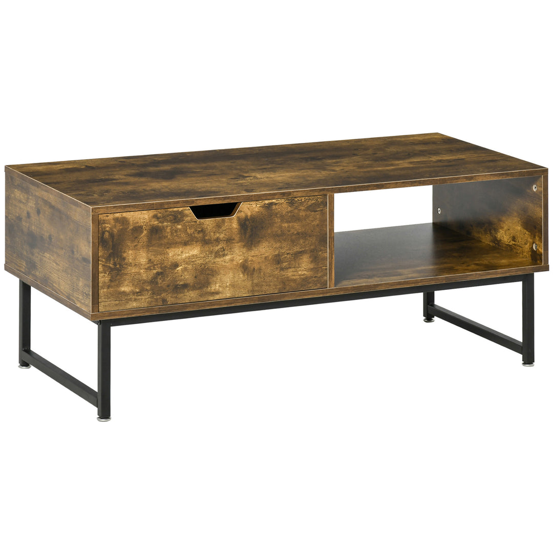 HOMCOM Industrial Coffee table Wooden End Table with Shortage Shelf and Drawer Modern Sofa Table Metal Frame, Rustic Brown 106W x 48D x 43H cm