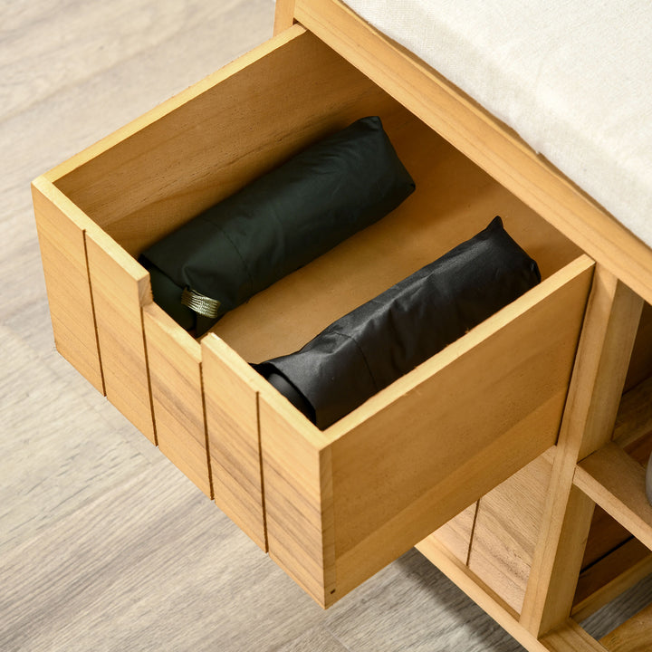 Wooden 2 Tier Shoe Storage Bench Rack Shelves Cushioned Seat  Entryway Hallway Organiser with 2 Drawers - Natural Wood Colour