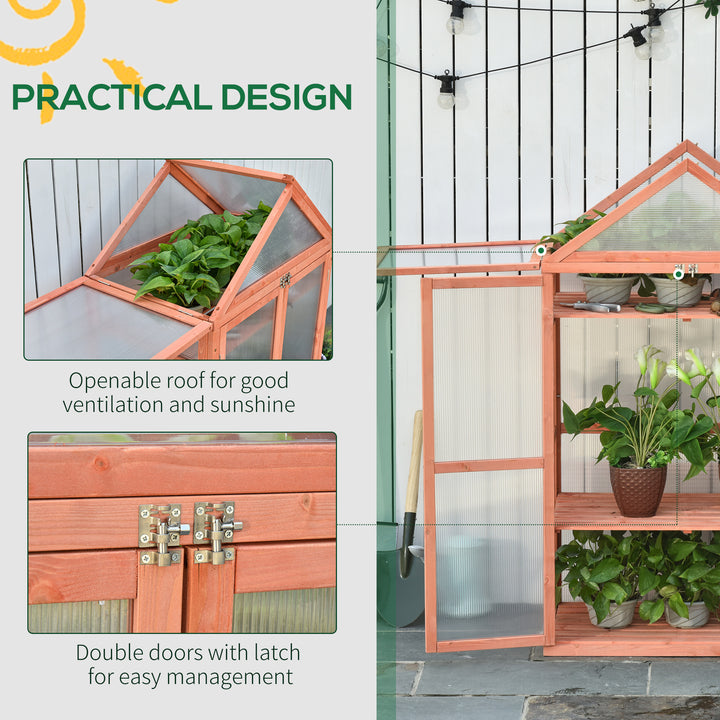 Outsunny 3-Tier Wooden Cold Frame Greenhouse Garden Polycarbonate Grow House w/ Adjustable Shelves, Double Doors, 80 x 47 x 138 cm, Orange