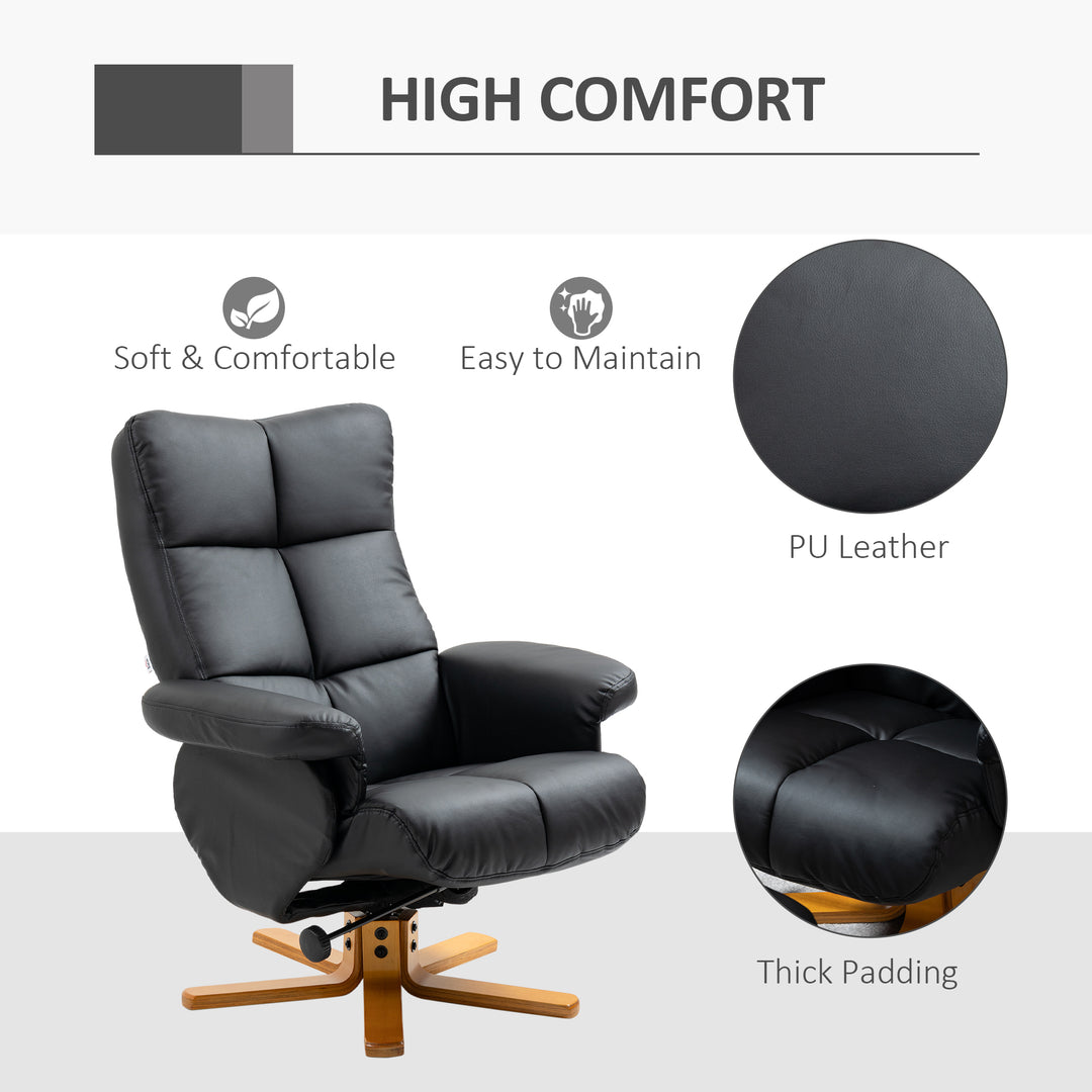 Faux Leather Swivel Recliner Chair with Footstool, Wooden Base and Storage for Living Room, Black