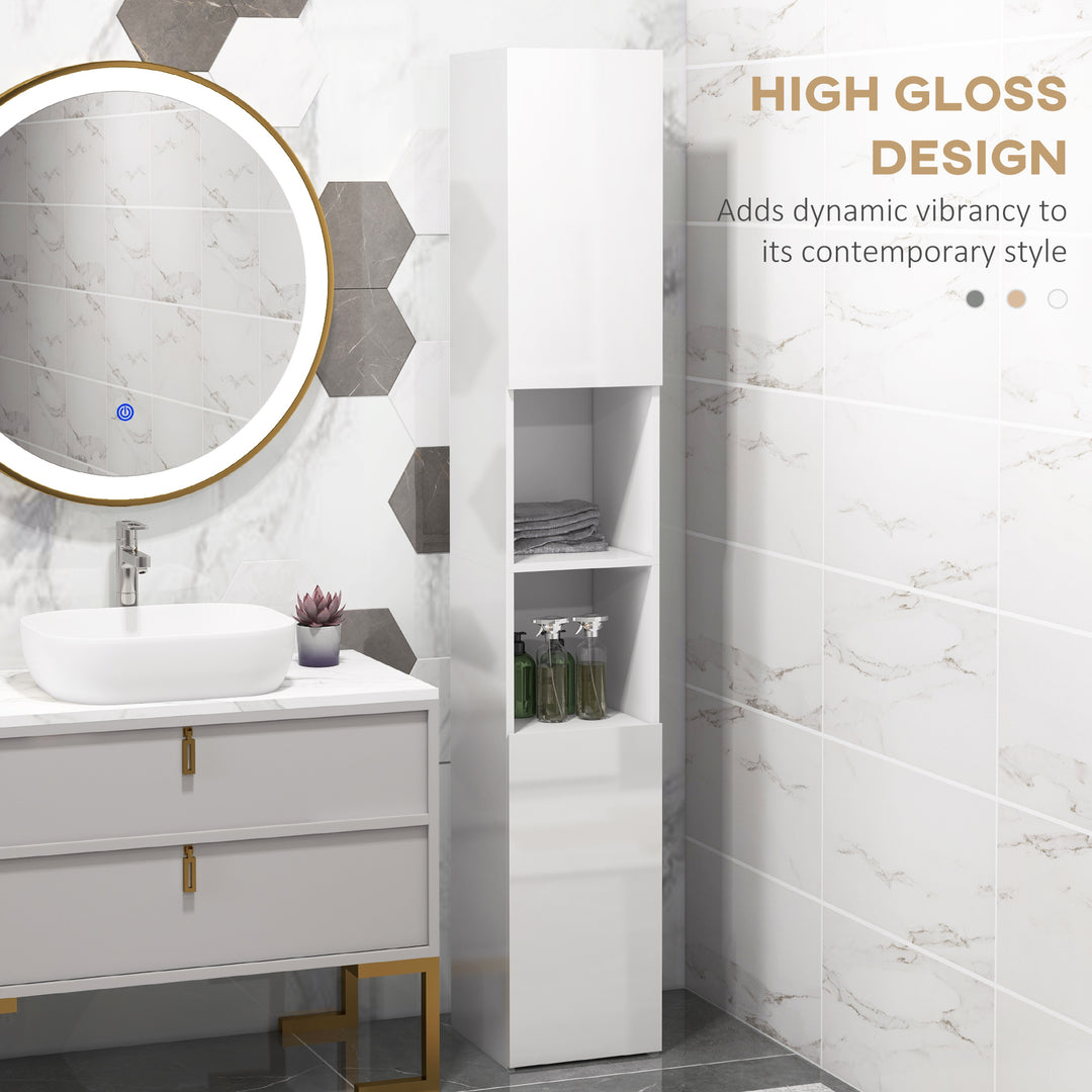 Freestanding Bathroom Cabinet, High Gloss Storage Cabinet with Doors and Adjustable Shelves, 30 x 30 x 181.5 cm, White