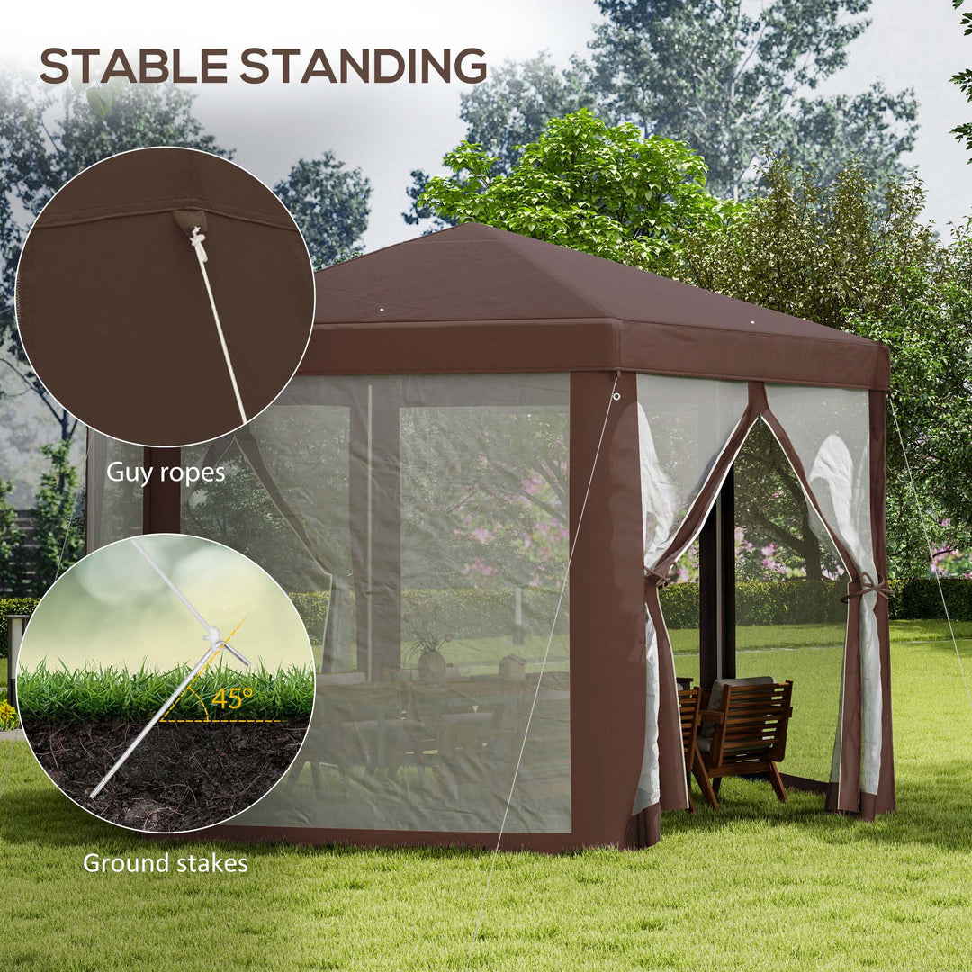 Hexagonal Garden Gazebo Patio Party Outdoor Canopy Tent Sun Shelter with Mosquito Netting and Zipped Door, Brown