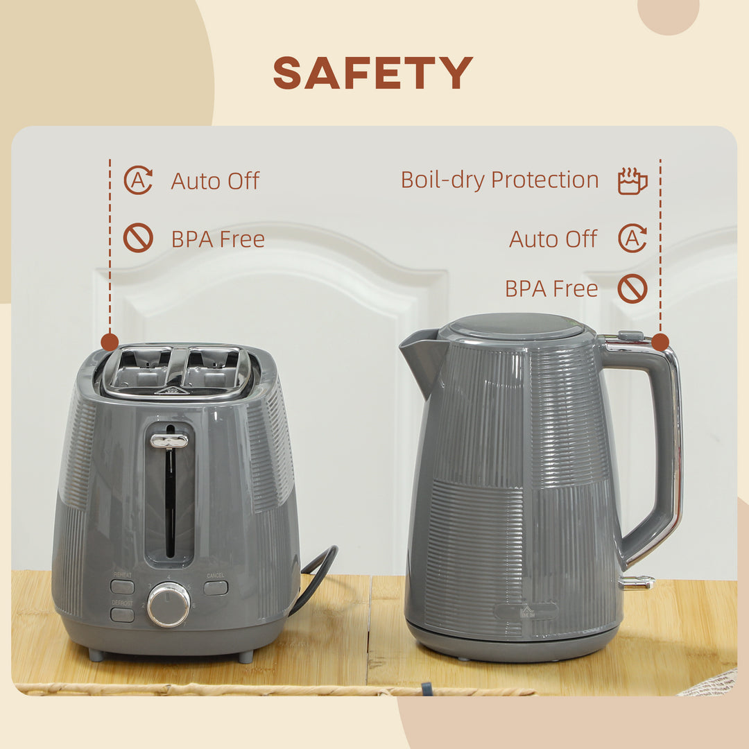 Kettle and Toaster Set, 1.7L 3000W Fast Boil Kettle & 2 Slice Toaster Kitchen Set, Defrost, Reheat, Boil-dry Protection - Grey