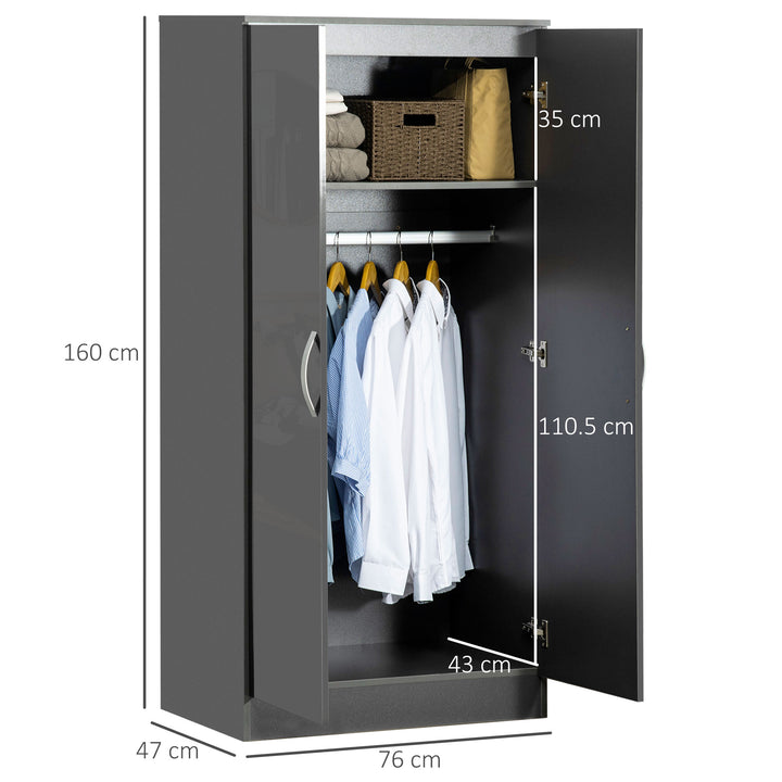 High Gloss Wardrobe, 2 Door Wardrobe with Hanging Rod and Storage Shelf, Clothes Storage Organizer with Anti-tipping Design for Bedroom, Grey