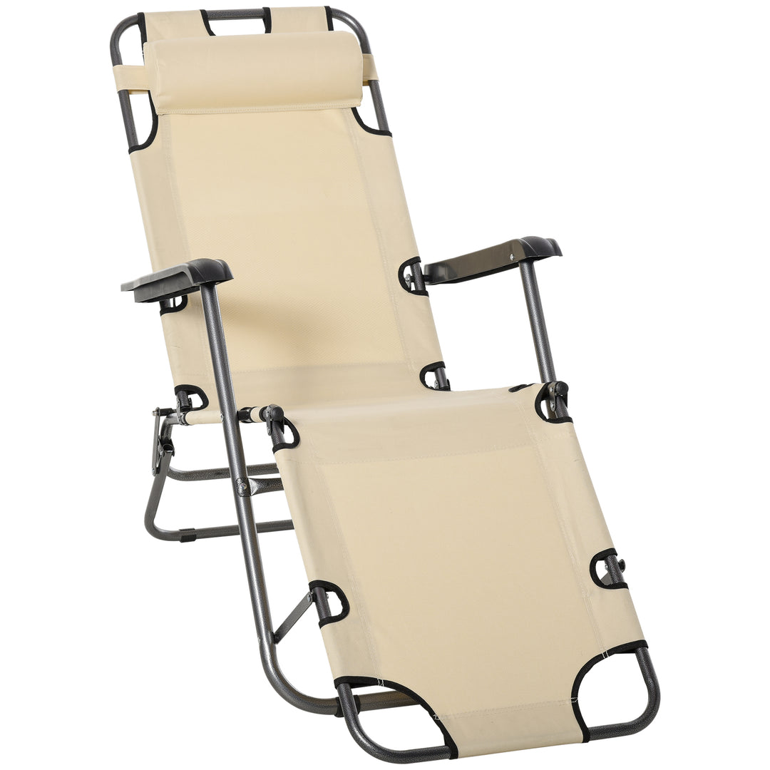 Outsunny 2 in 1 Sun Lounger Folding Reclining Chair Garden Outdoor Camping Adjustable Back with Pillow Beige