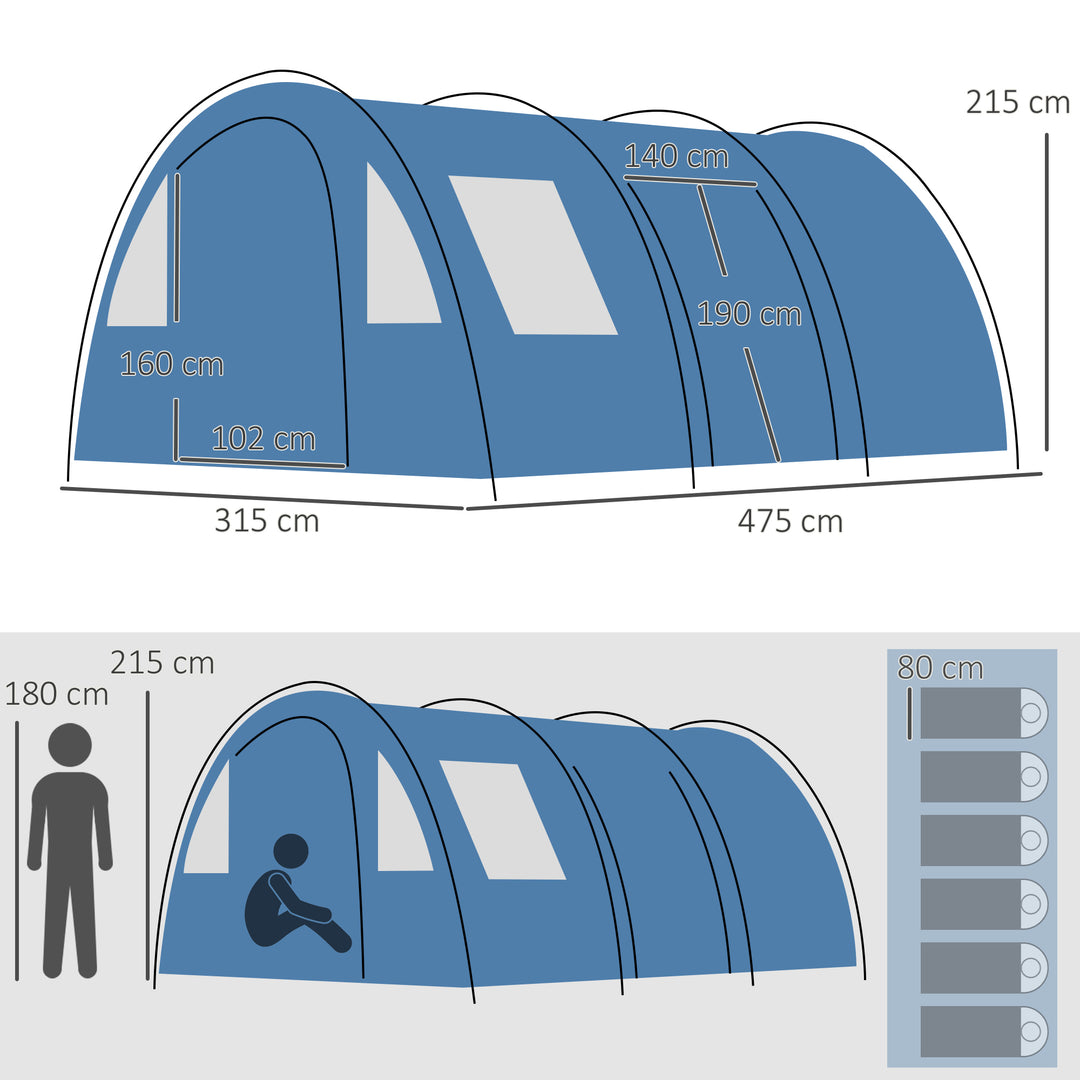 5-6 Man Tunnel Tent, Two Room Camping Tent with Sewn-In Floor, 2 Doors and Carry Bag, 2000mm Water Column for Fishing, Hiking, Sports