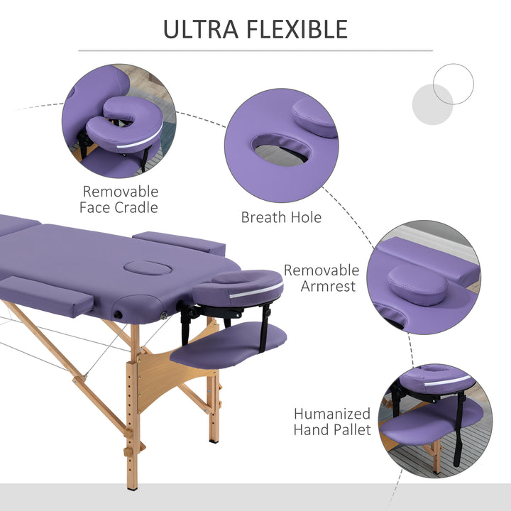 Portable Massage Bed, Folding Spa Beauty Massage Table with 2 Sections, Carry Bag and Wooden Frame, Purple