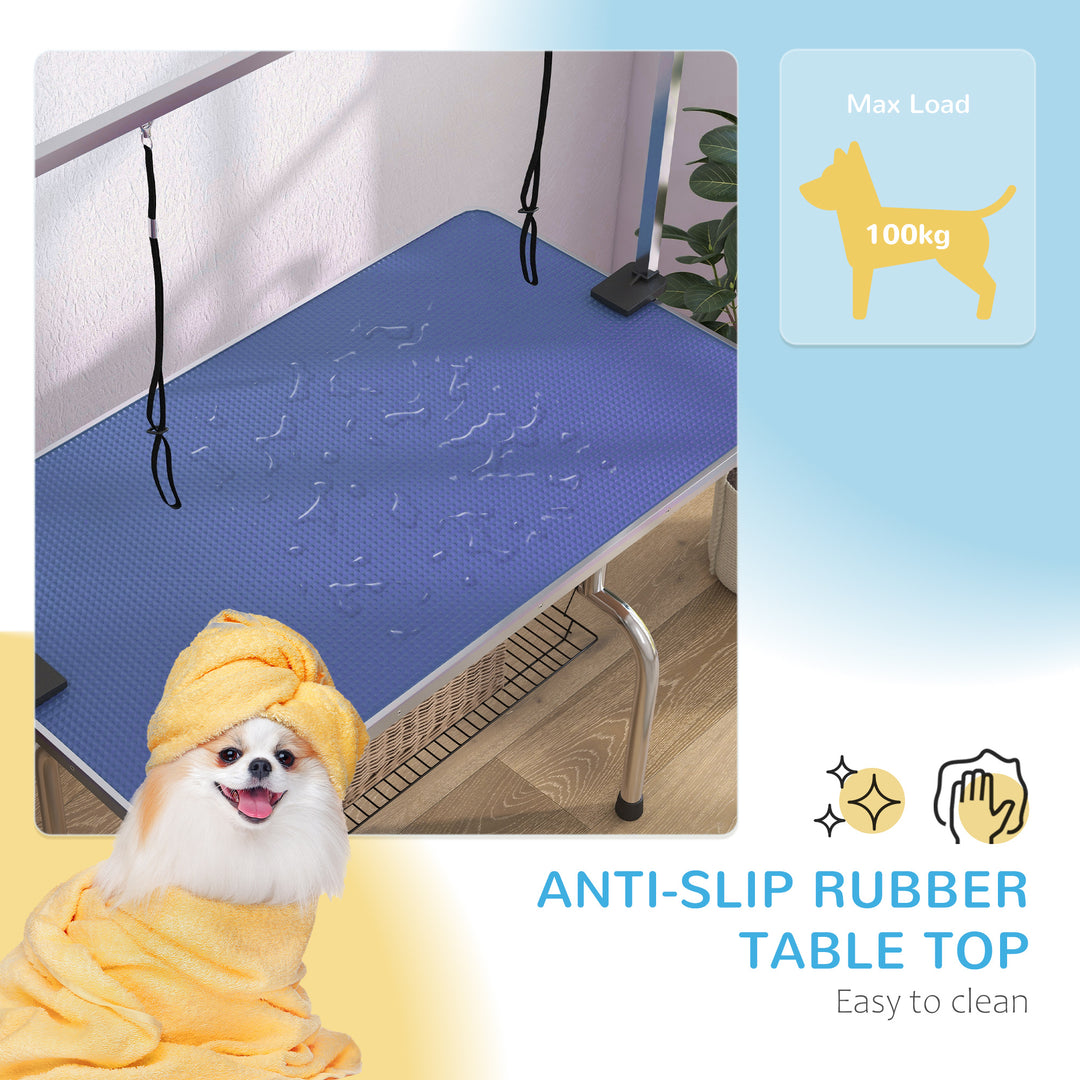 PawHut Adjustable Dog Grooming Table Rubber Top 2 Safety Slings Mesh Storage Basket Heavy Metal Blue 107 x 60 x 170cm