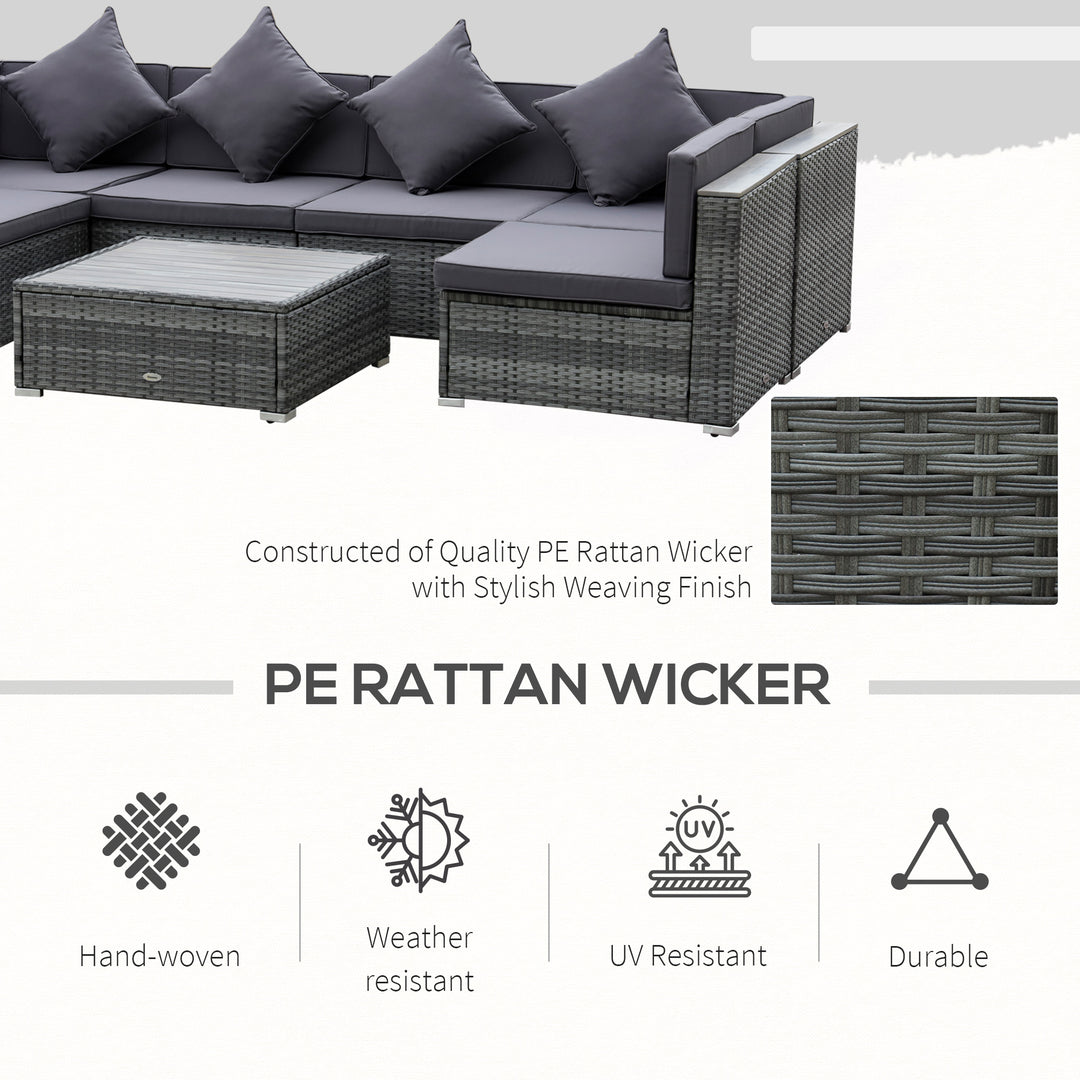 Outsunny 7 Pieces Patio Wicker Sofa Set, Outdoor PE Rattan Sectional Furniture Set w/ Acacia Table Top &amp; Cushion for Garden, Backyard, Grey