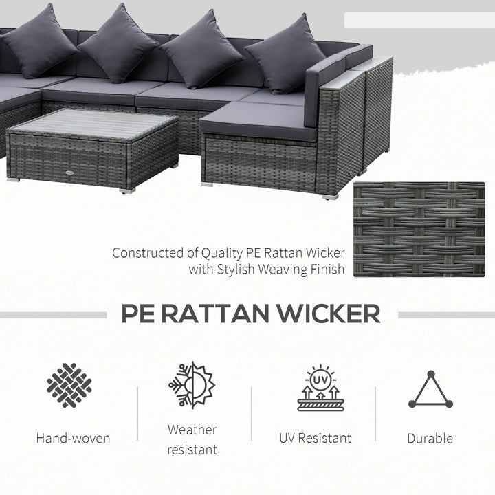 Outsunny 7 Pieces Patio Wicker Sofa Set, Outdoor PE Rattan Sectional Furniture Set w/ Acacia Table Top &amp; Cushion for Garden, Backyard, Grey