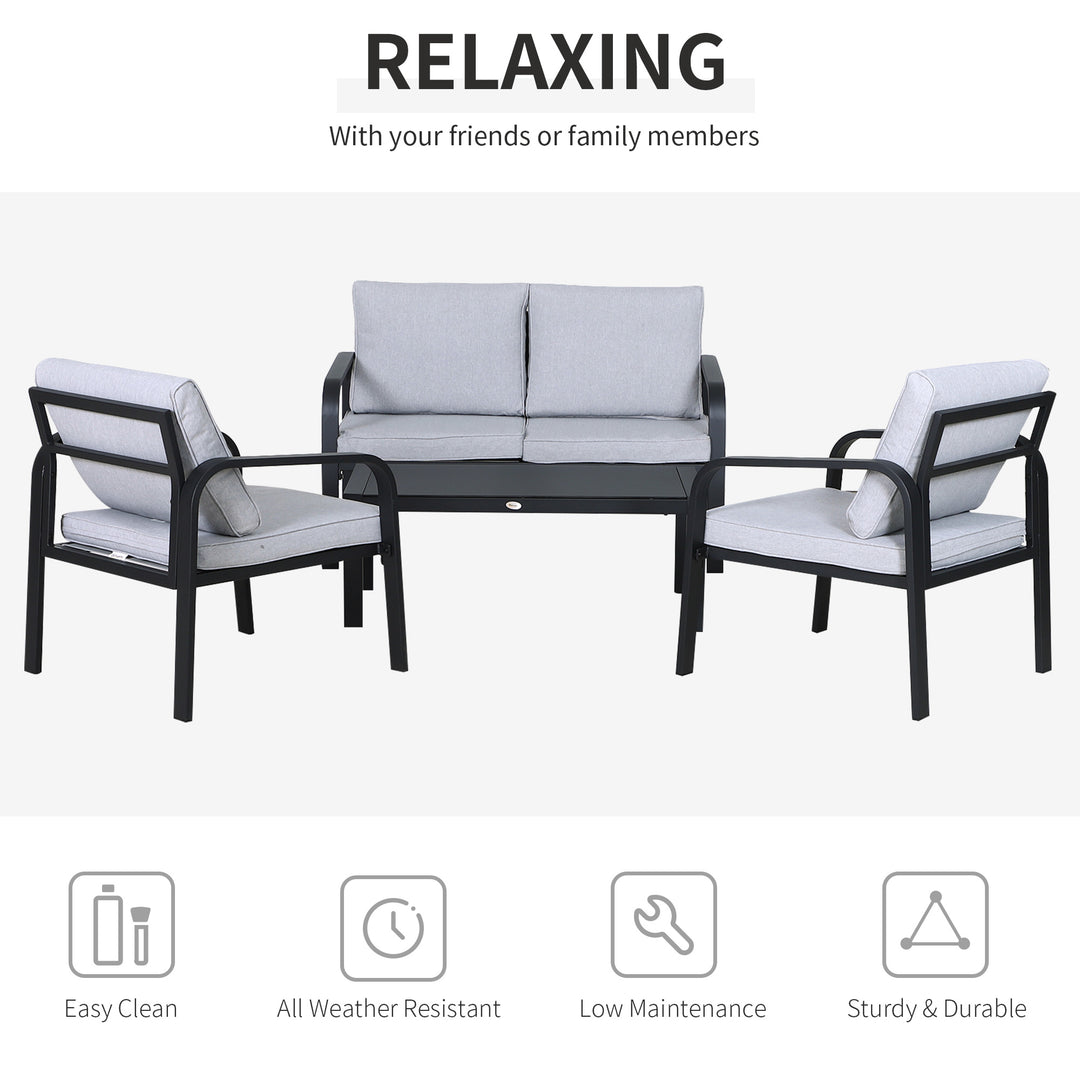 4 Pcs Aluminium Frame Garden Dining Set w/ 2 Chairs Sofa Glass Top Table Foam Cushions Sleek Contemporary Tough Durable Grey Black