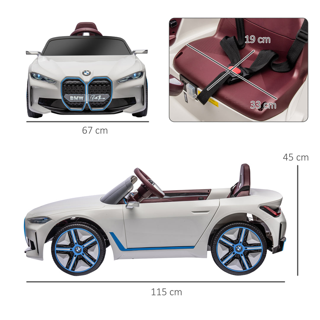 BMW i4 Licensed 12V Kids Electric Ride on Car with Remote Control, Powered Electric Car with Portable Battery, Music, Horn, Headlights, MP3 Slot, Suspension Wheels, for Ages 3-6 Years - White