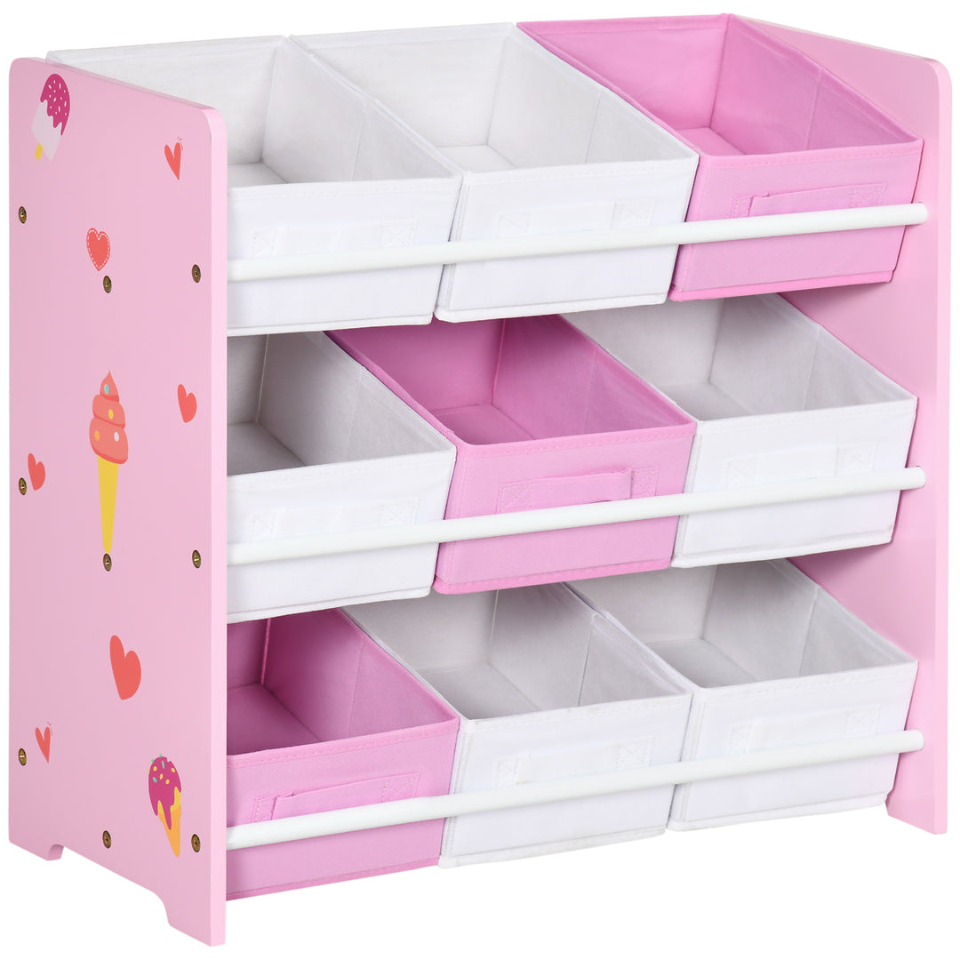 Kids Storage Unit with 9 Removable Storage Baskets, Toy Box Organiser with Shelf, Book Shelf for Nursery Playroom, Pink