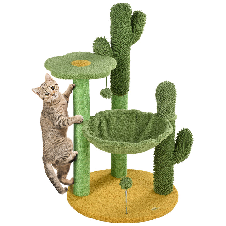 82cm Chenille Cactus Cat Tree with Scratching Post, Hammock, Green