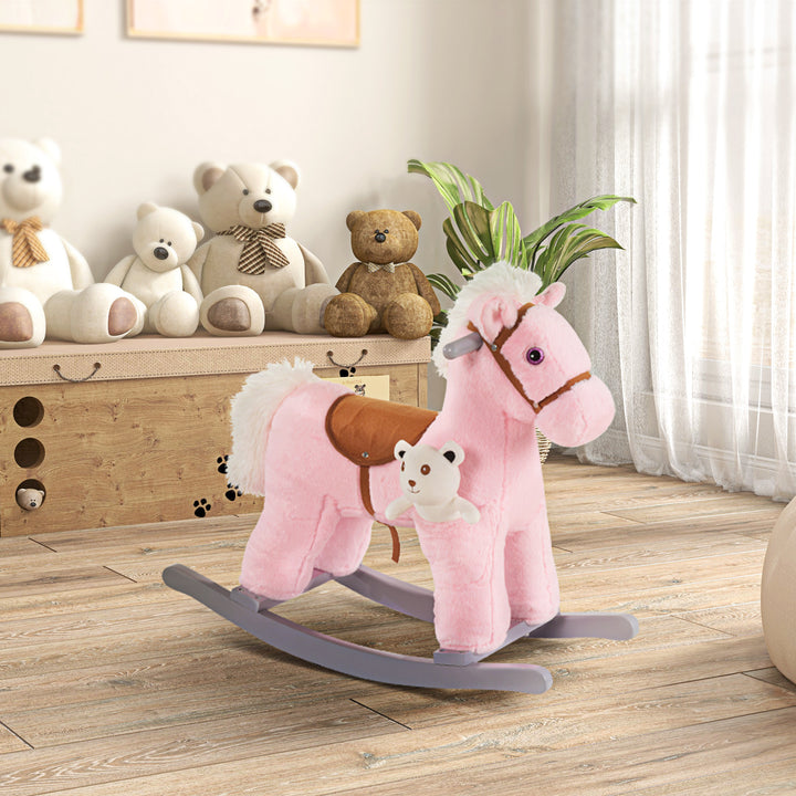 Kids Plush Ride-On Rocking Horse Toy Rocker with Plush Toy Realistic Sounds for Child 18-36 Months Pink