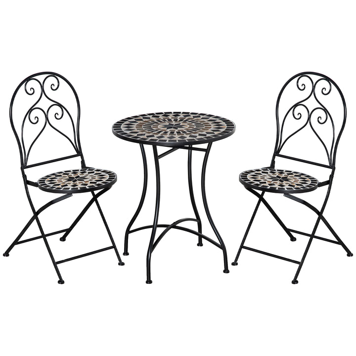 Outsunny 3 Piece Garden Outdoor Bistro Set with Coffee Table and 2 Folding Chairs, Mosaic Tile Top and Seats, Metal Frame, for Patio Balcony