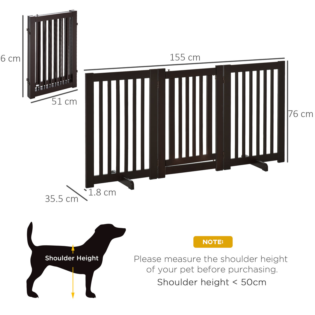 Pet Gate Freestanding Dog Gate For Stairs Wood Doorway Safety Pet Barrier Fence Foldable w/ Latch Support Feet Deep Brown, 155 x 76 cm