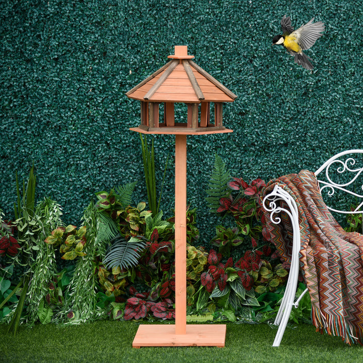 PawHut Wooden Bird Feeder Bird Table Bird House Playstand with Water-resistant Roof 130cm for Outside Use Brown