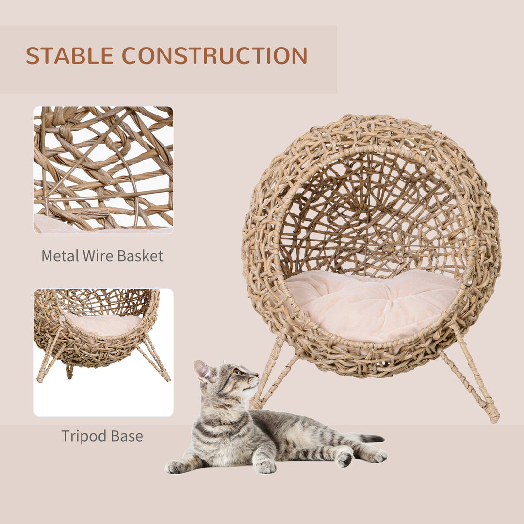 Wicker Cat Bed, Ball-Shaped Rattan Elevated Cat Basket with Three Tripod Legs, Cushion, Natural Wood Finish