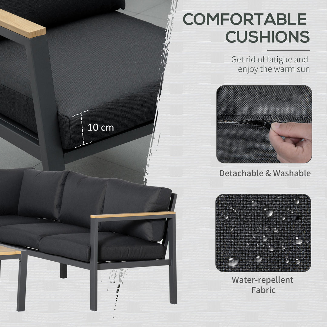 5 Seater L Shape Aluminium Garden Furniture Corner Sofa Set with Coffee Table, Outdoor Conversation Furniture Set w/ Cushions, Dark Grey