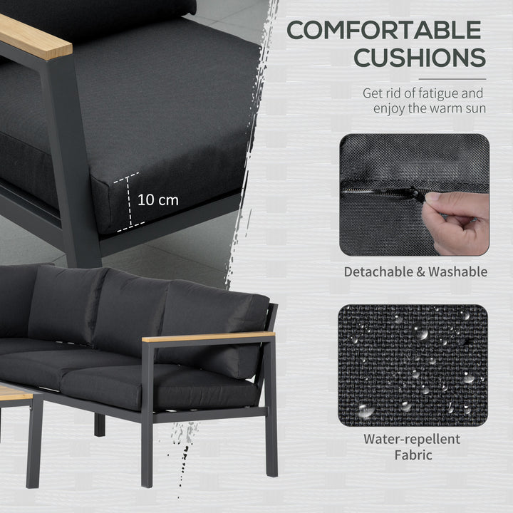 5 Seater L Shape Aluminium Garden Furniture Corner Sofa Set with Coffee Table, Outdoor Conversation Furniture Set w/ Cushions, Dark Grey