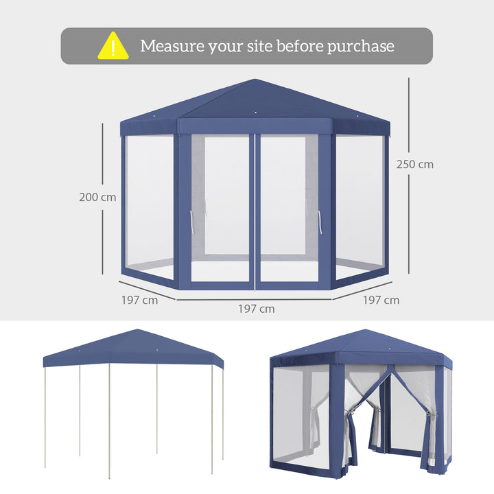 Outsunny 4M Netting Gazebo Hexagon Tent Patio Canopy Outdoor Shelter Party Activities Shade Resistant (Blue)