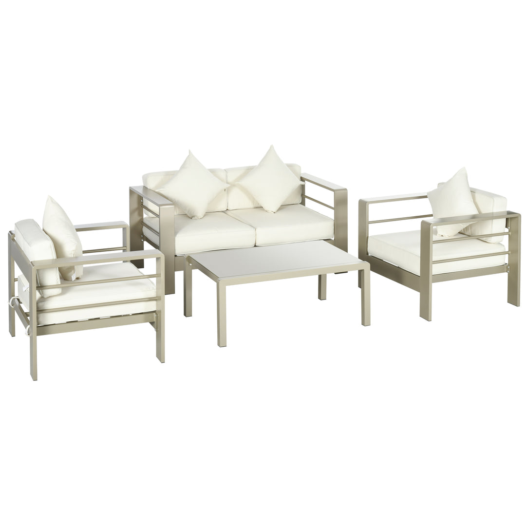 4 Pieces Outdoor Garden Furniture Set, Aluminium Frame Backyard Furniture w/ Thick Padded Cushioned Loveseat Glass Top Table Champagne Gold