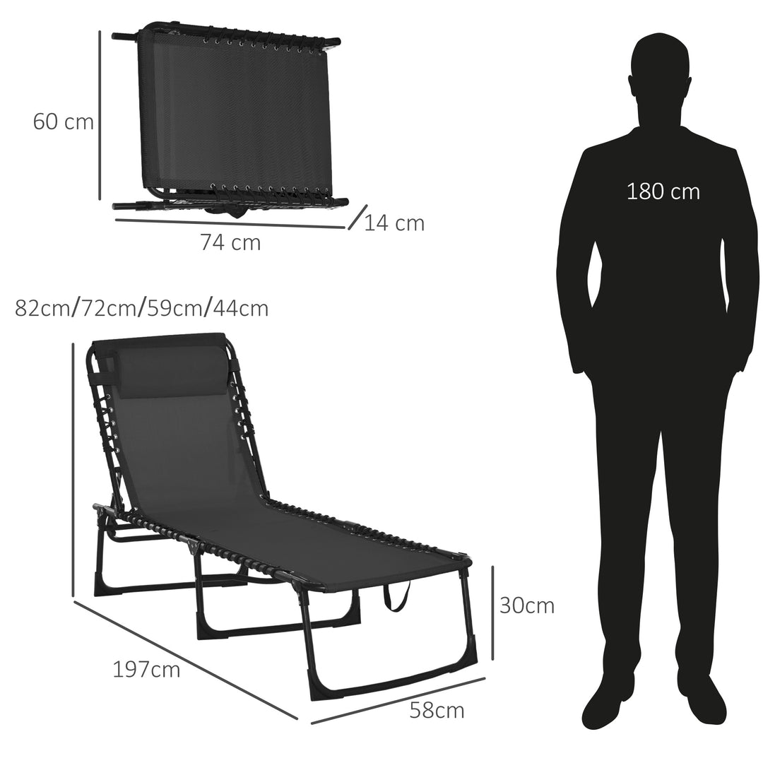 Folding Garden Lounger w/ 4 Position Adjustable Back &100% PVC fabric, Garden Reclining Cot Camping Hiking Recliner, 197L x 58W x 78H, Black