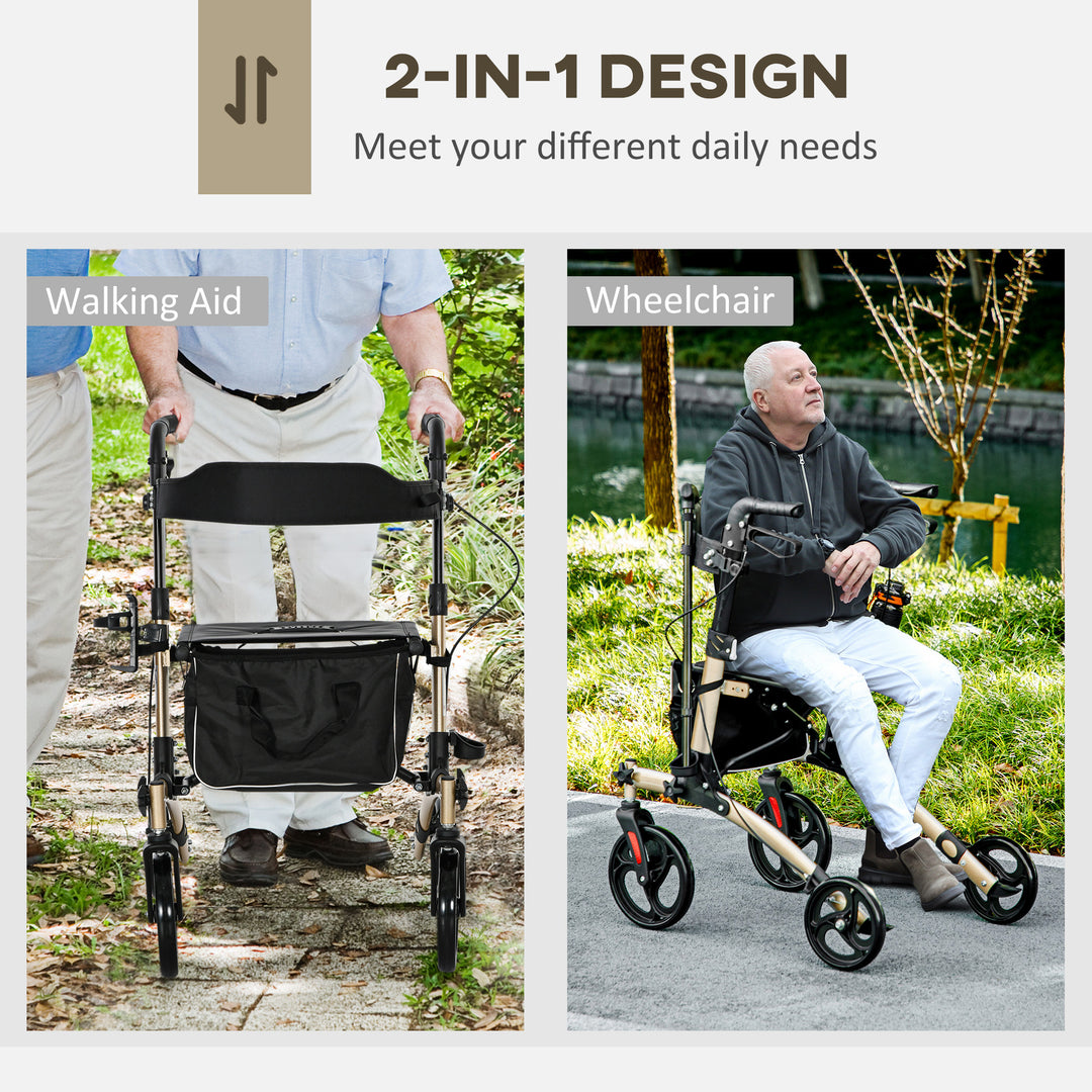 Folding Rollator with Cane Holder, Adjustable Handle Height and Aluminum Frame, 4 Wheeled Mobility Walker with Seat and Bag, Gold