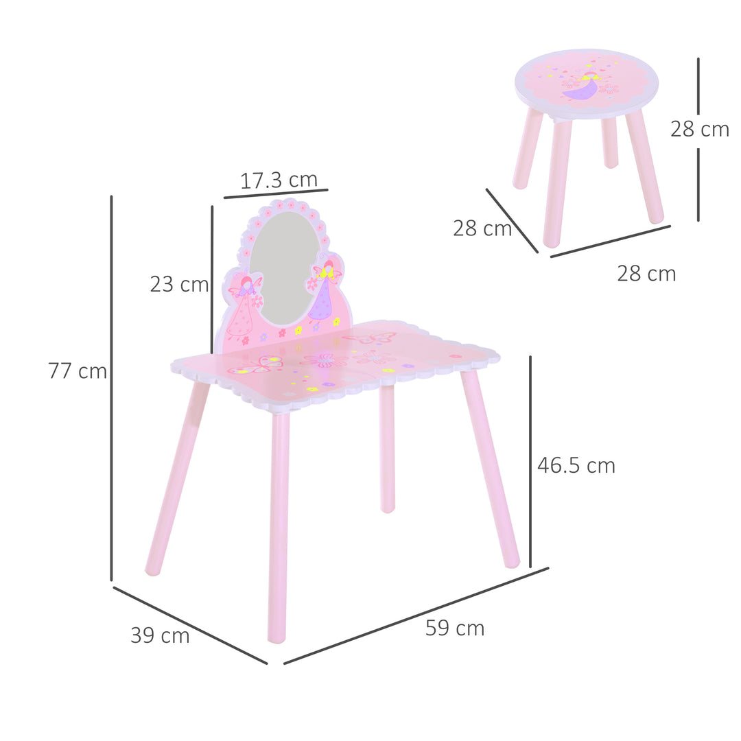 Kids Dressing Table Girls Pink Wooden Kids Dressing Table & Stool Make Up Desk Chair Toys Fairy Dresser Play Set w/Mirror