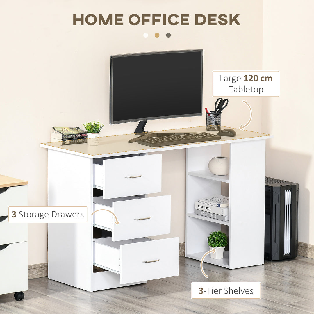 Computer Writing Desk w/ 3 Shelf & Drawers White