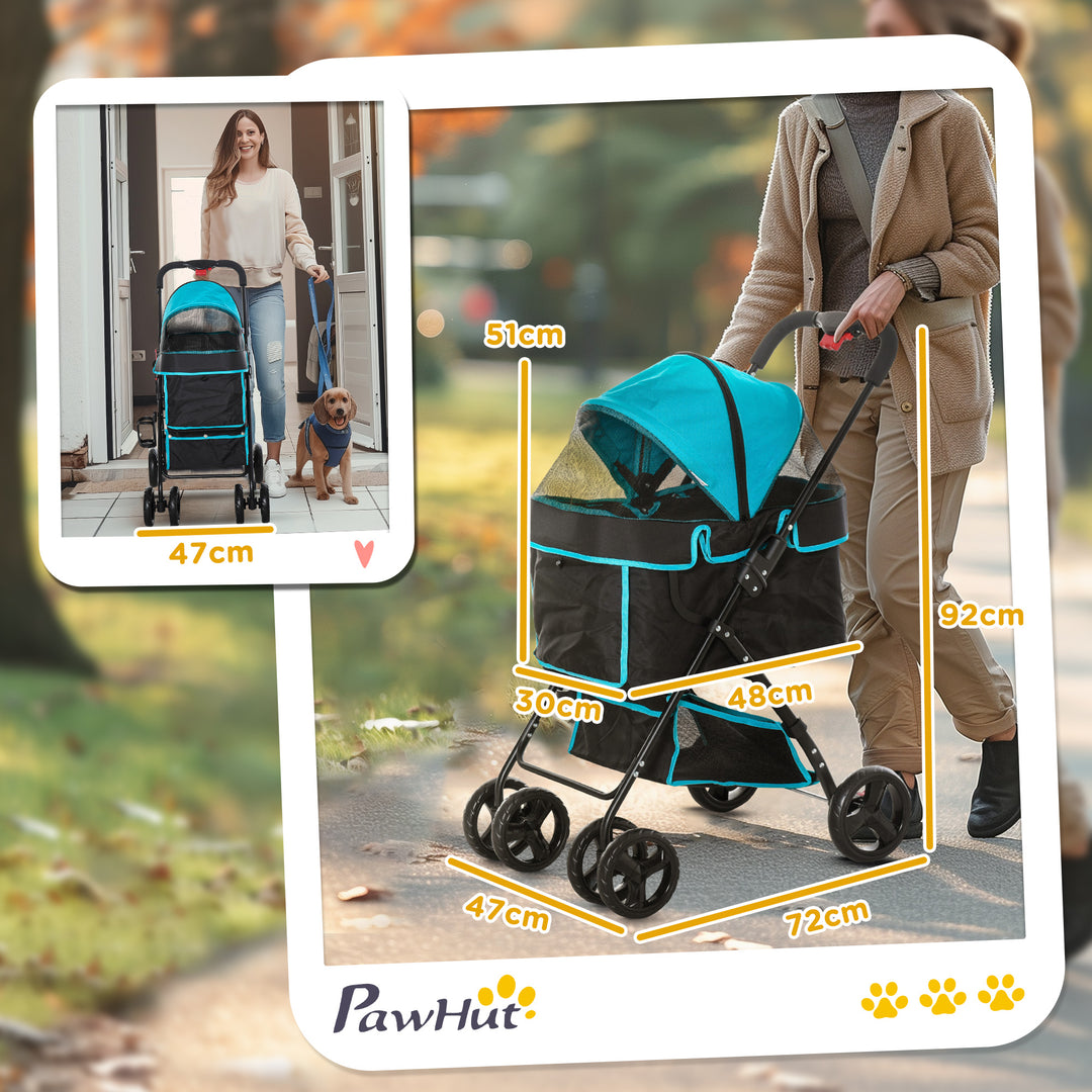 PawHut Pet Stroller Pushchair Travel One-Click Fold Trolley with EVA Wheels Brake Removable Cloth Basket Bottle Holder Adjustable Canopy Safety Leash