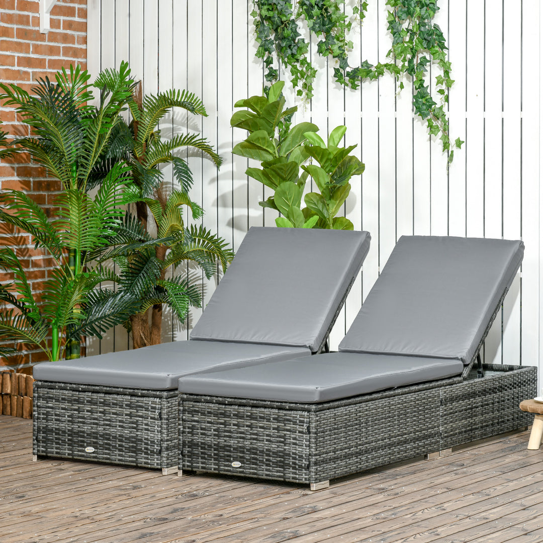 PE Rattan Sun Loungers set of 2 with Cushion, Outdoor 2 Pieces Garden Sunbed Furniture with 5-Level Recliner Backrest, Reclining Patio Wicker Bed Chair, Grey